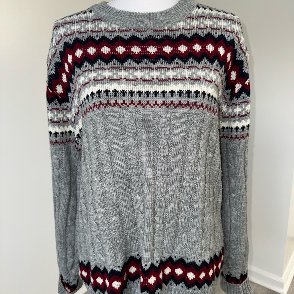 Vintage JCPenney Fair Isle Knit Sweater Gray Burgundy Black‎ Acrylic M Taiwan